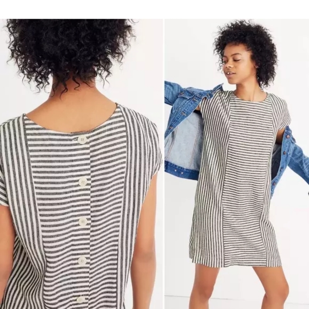 MADEWELL STRIPED-PLAY BUTTON BACK TEE DRESS IN BLACK / WHITE - Picture 2 of 7